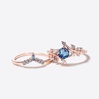 Twig Leaf Engagement Ring 14k Rose Gold Hexagon Cut Alexandrite Ring