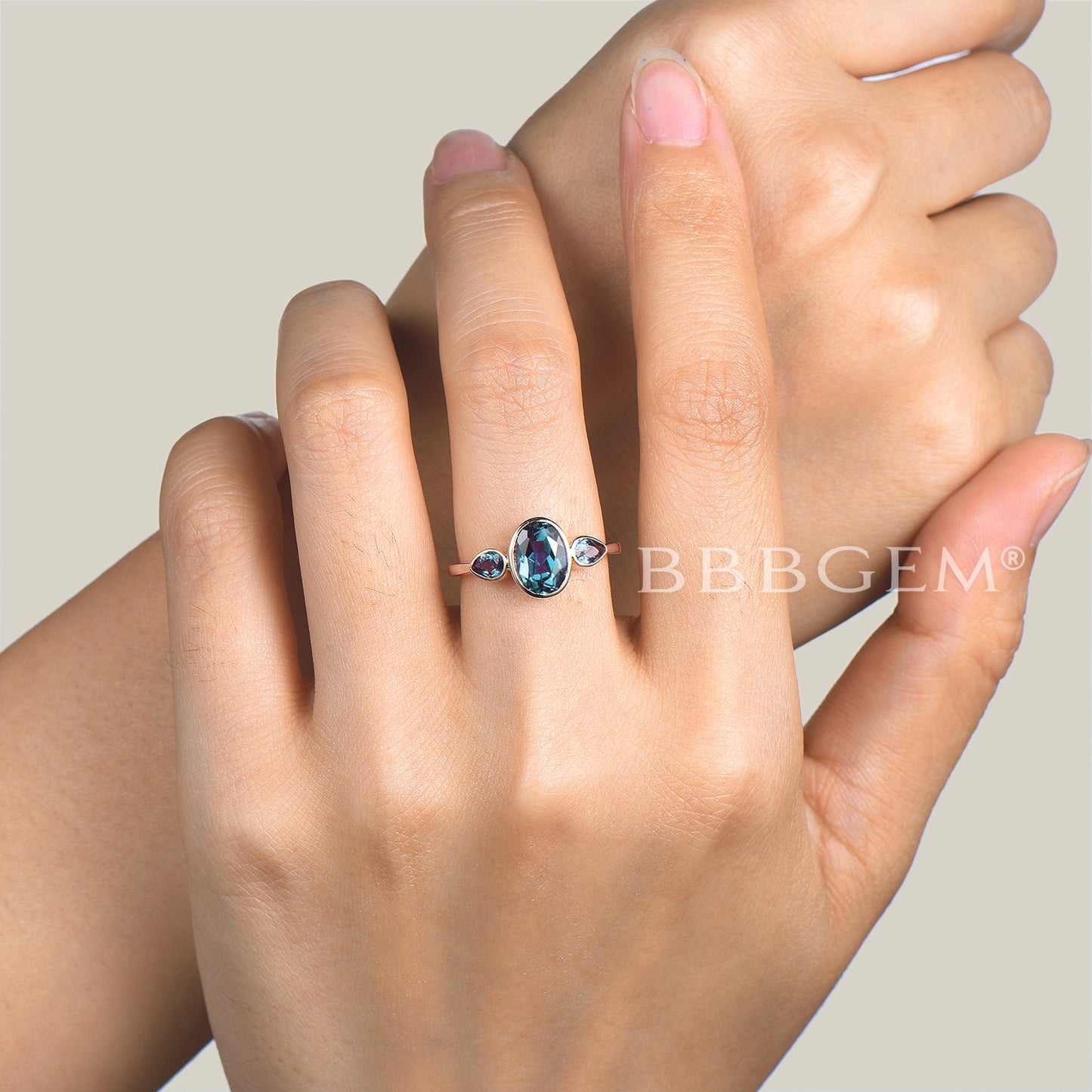 Oval Cut Color-change Alexandrite Engagement Ring Bezel Set Three Stone Ring