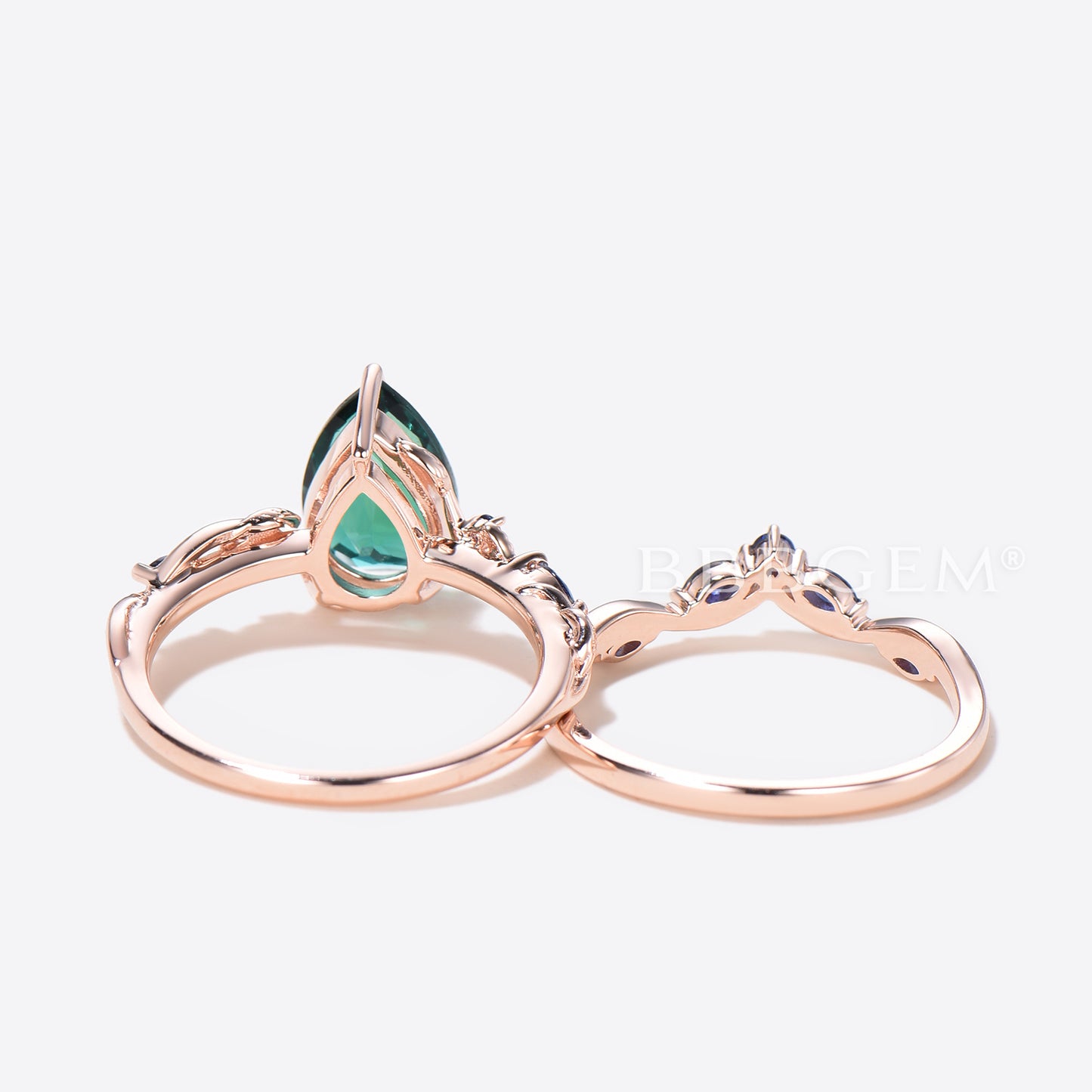 Teardrop Green Emerald Engagement Ring Nature Inspired Emerald Sapphire Bridal Ring