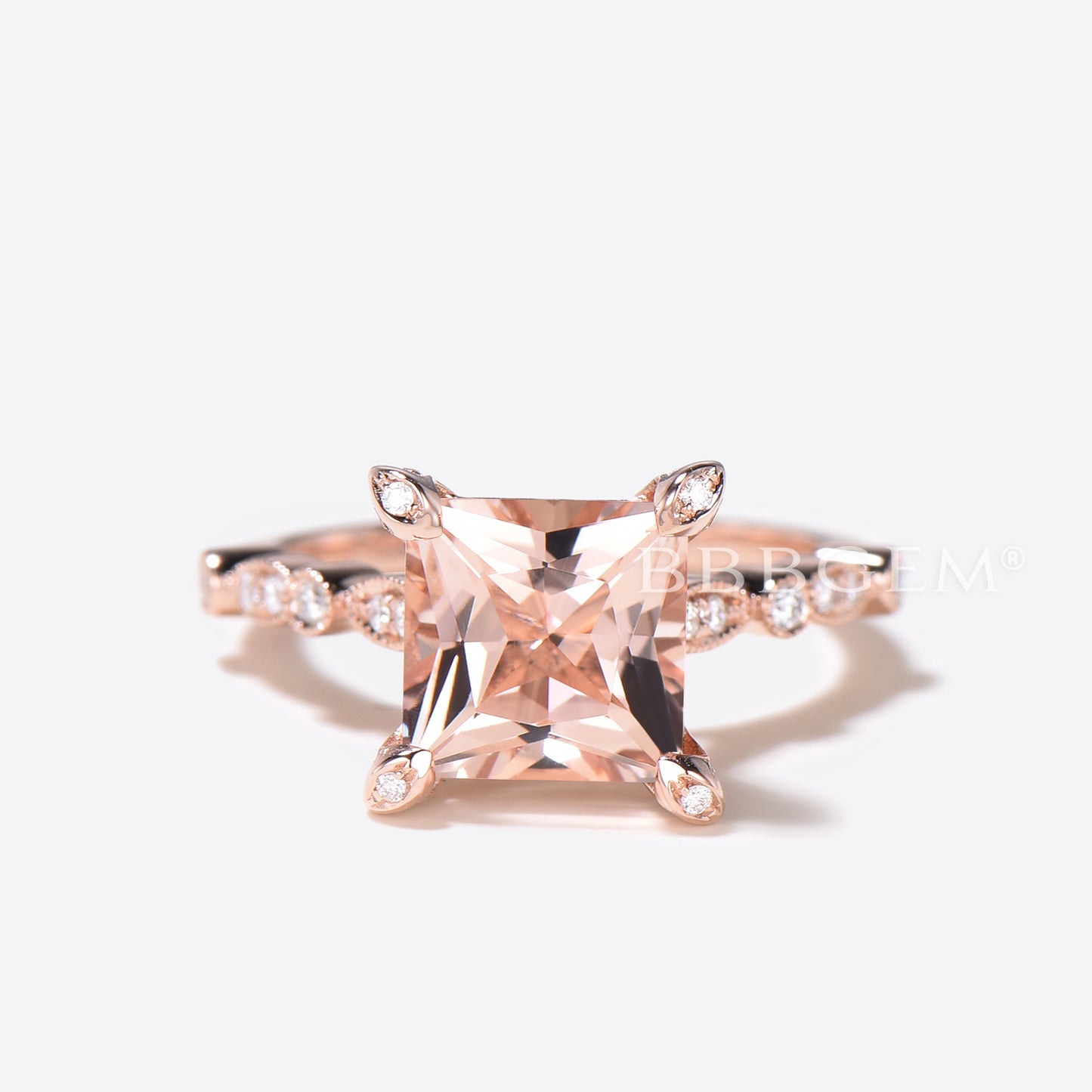 Princess Cut Morganite Hidden Diamond Halo Wedding Ring Set 14K Rose Gold Statement Ring