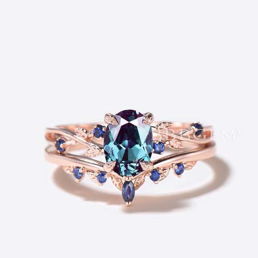 Twisted Vine Oval Color-Change Alexandrite Ring Leaf Blue Sapphire Wedding Band