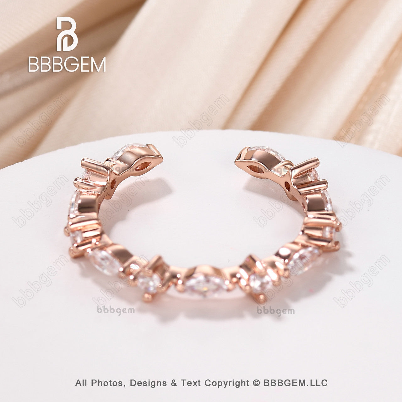 Fashion Open Gap Marquise Round Diamond Wedding Ring Eternity Art Deco Marquise Moissanite14K Rose Gold Vintage Gap Band-bbbgem