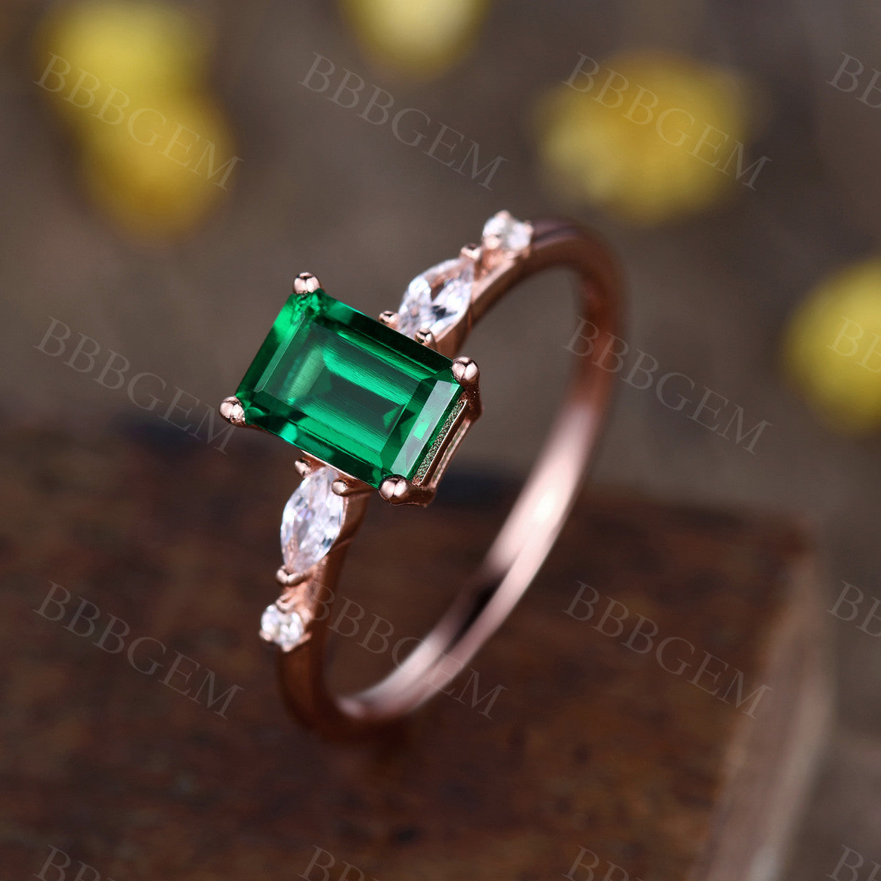 Rose Gold Emerald Cut Engagement Ring-BBBGEM Emerald Engagement Rings