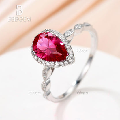 Pear Cut Ruby Engagement Ring in White Gold-Lab Ruby Diamond Halo Wedding Ring