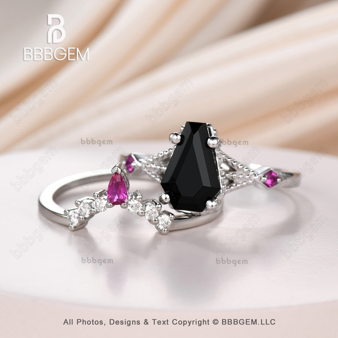 Coffin Black Spinel Diamond Wedding Set 9x6mm Coffin Shaped Onyx Ring Set With Lab Ruby Platinum 