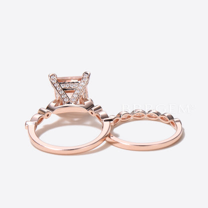 Princess Cut Morganite Hidden Diamond Halo Wedding Ring Set 14K Rose Gold Statement Ring