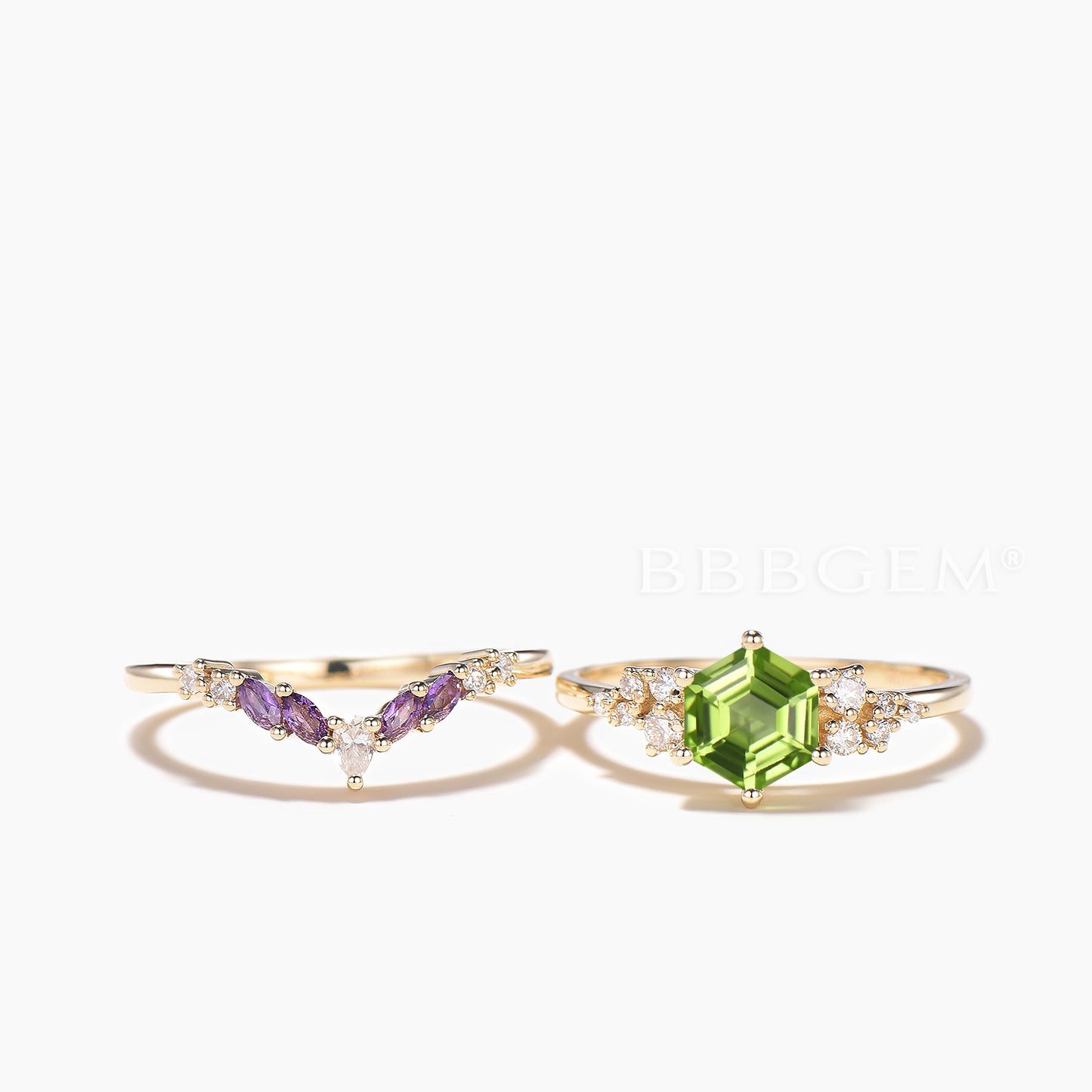 Hexagon Cut Natural Peridot Engagement Ring Moissanite Amethyst Bridal Set