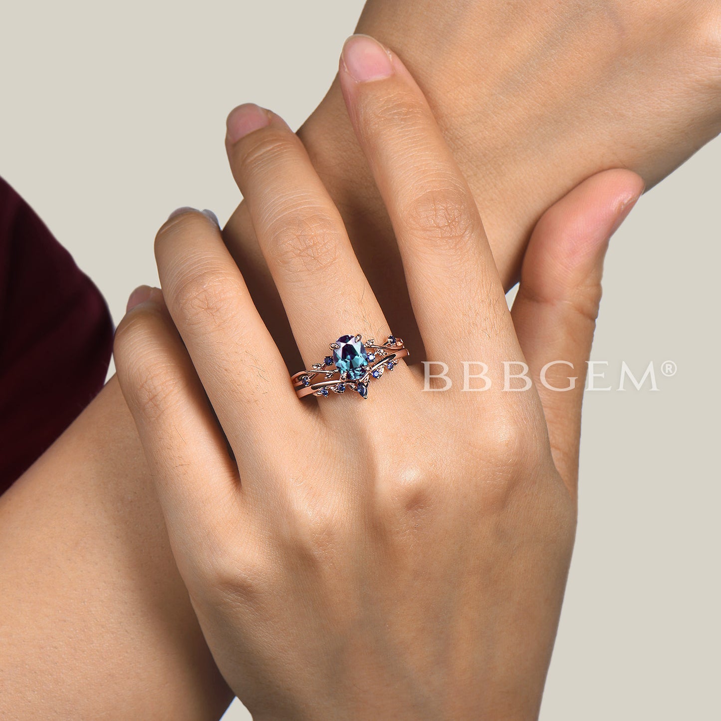 Twisted Vine Oval Color-Change Alexandrite Ring Leaf Blue Sapphire Wedding Band