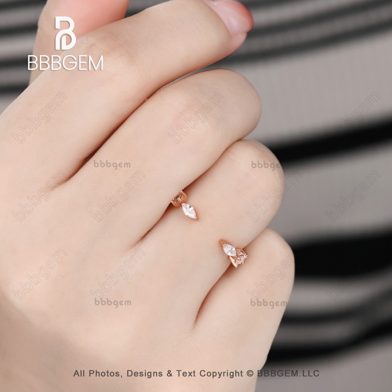 Fashion Open Gap Marquise Round Diamond Wedding Ring Eternity Art Deco Marquise Moissanite14K Rose Gold Vintage Gap Band-bbbgem