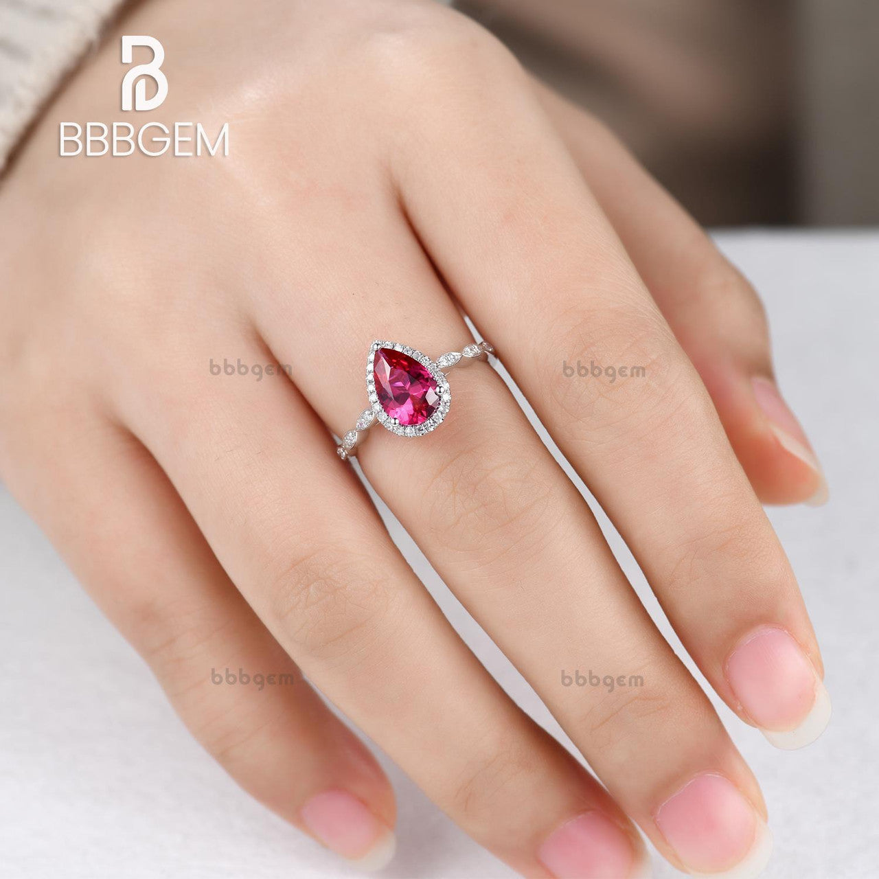 Pear Cut Ruby Engagement Ring in White Gold-Lab Ruby Diamond Halo Wedding Ring