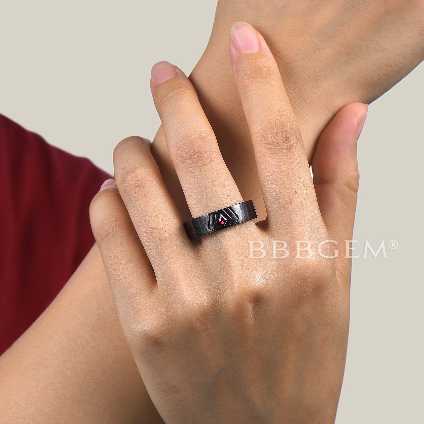 6mm Wide Black Gold Kite Cut Ruby Mens Wedding Band Brushed Ring