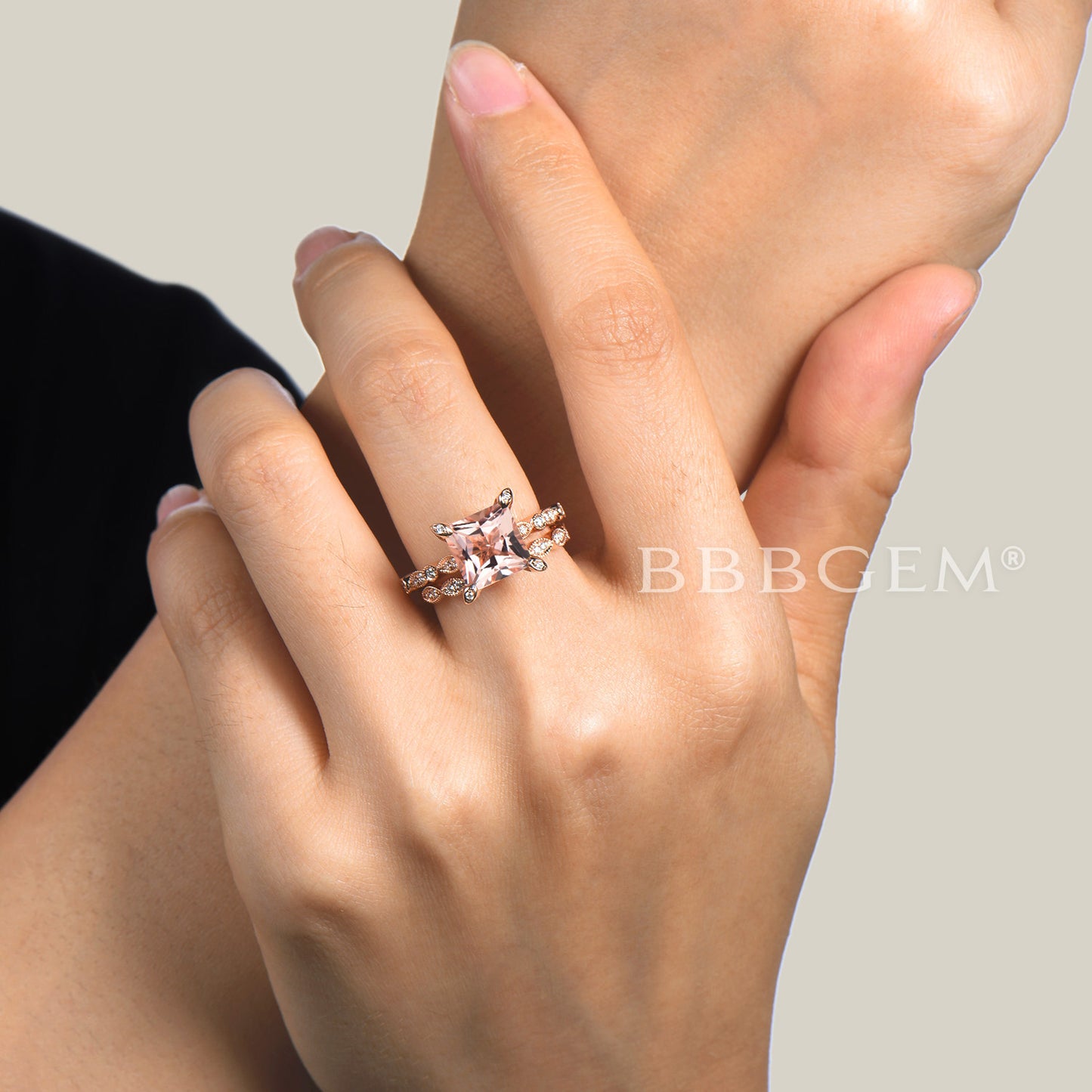 Princess Cut Morganite Hidden Diamond Halo Wedding Ring Set 14K Rose Gold Statement Ring