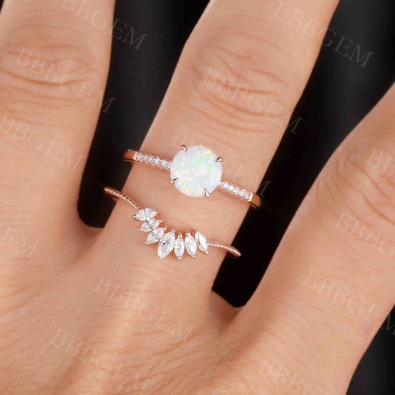 Antique Opal Engagement Ring Set Rose Gold 06