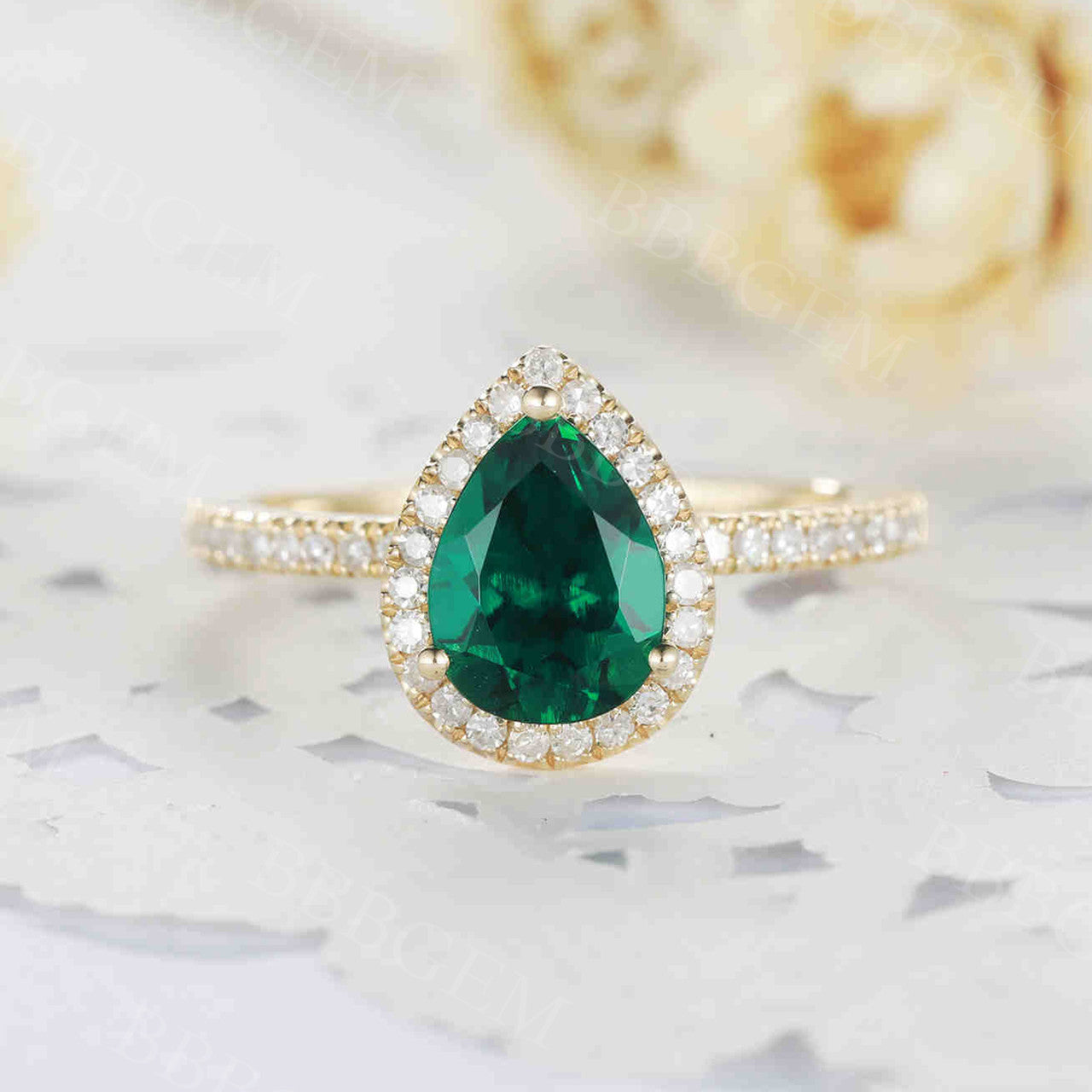 Yellow Gold Pear Shaped Emerald Diamond Engagement Ring