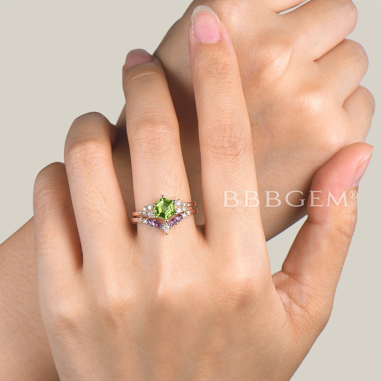 Hexagon Cut Natural Peridot Engagement Ring Moissanite Amethyst Bridal Set