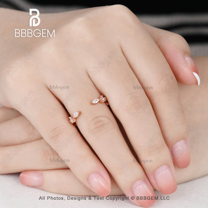 Fashion Open Gap Marquise Round Diamond Wedding Ring Eternity Art Deco Marquise Moissanite14K Rose Gold Vintage Gap Band-bbbgem