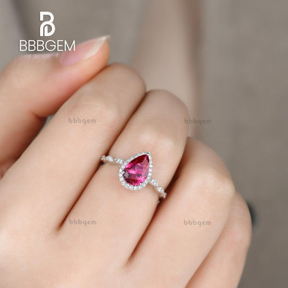 Pear Cut Ruby Engagement Ring in White Gold-Lab Ruby Diamond Halo Wedding Ring