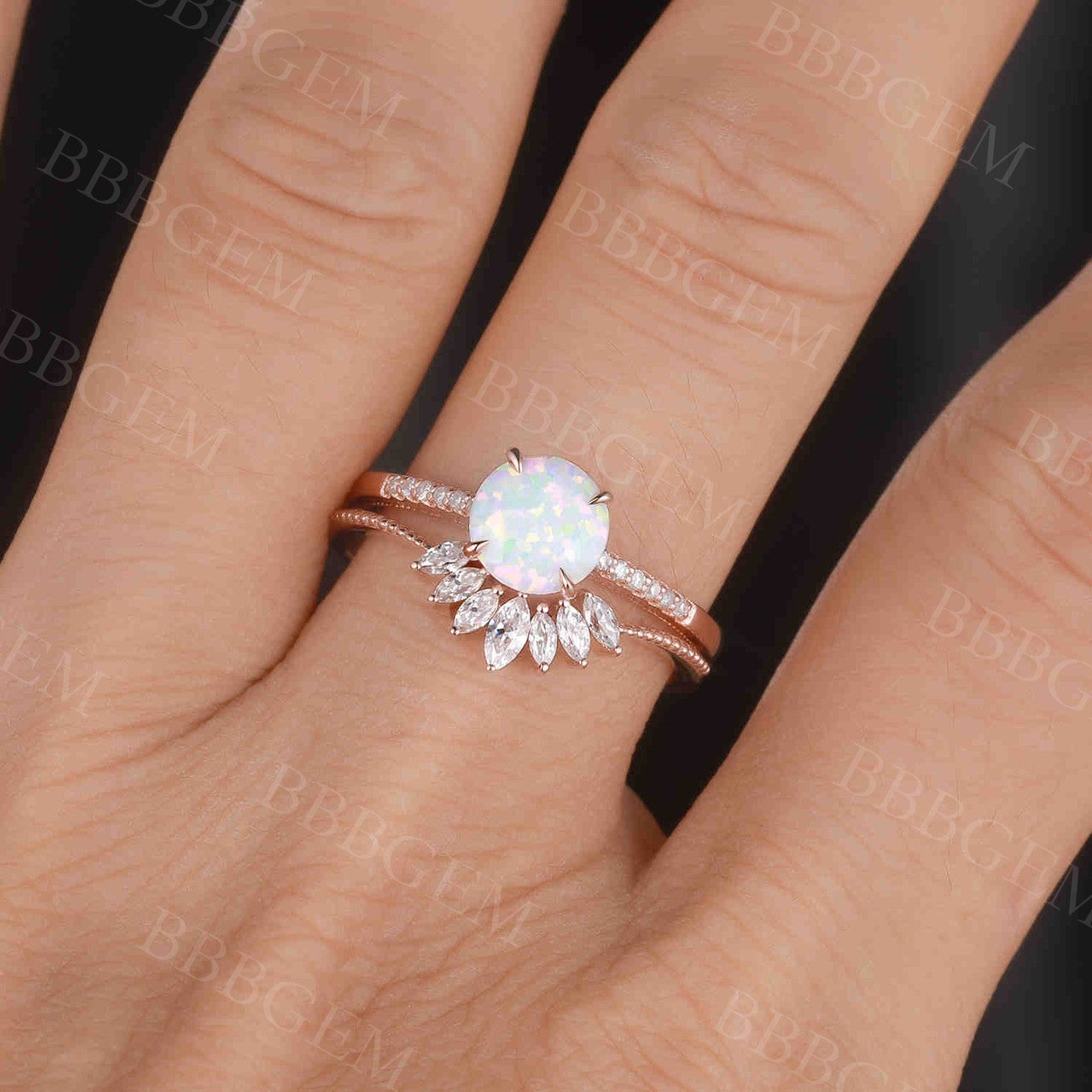 Antique Opal Engagement Ring Set Rose Gold 10