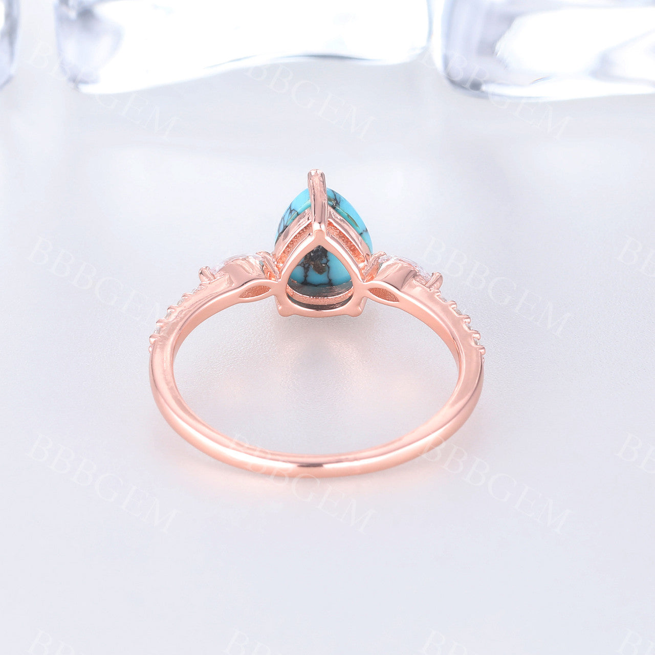 Three Stone Moissanite  Pear Turquoise Rose Gold Engagement Ring Art Deco Promise Ring Gift For Her