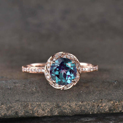 Alexandrite Diamond Halo Engagement Ring Rose Gold Wedding Ring