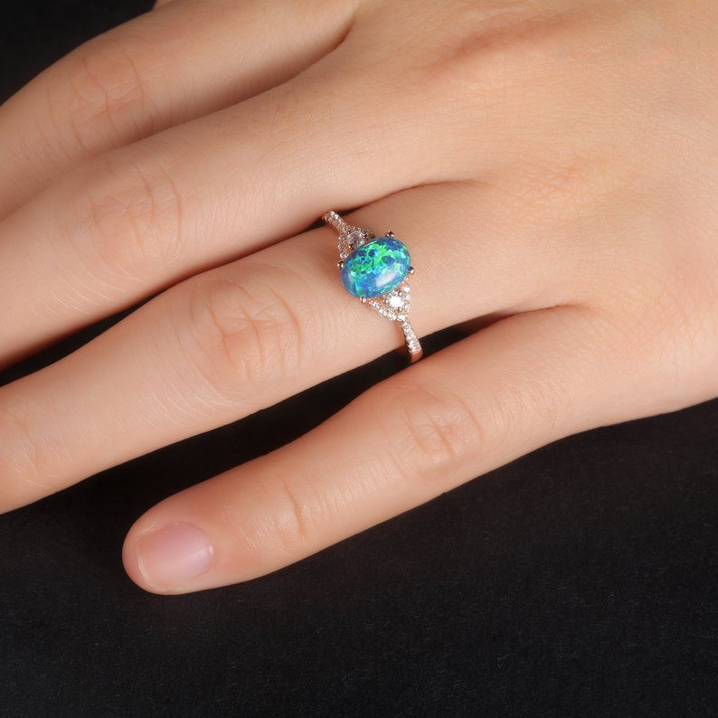 Black Opal Ring Rose Gold Diamond Engagement Ring