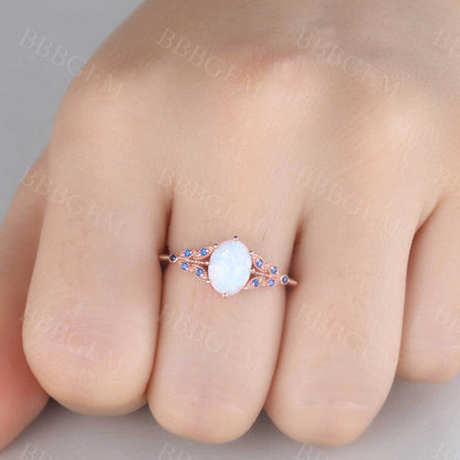 Oval White Opal Engagement Ring 14K Solid Rose Gold Opal Sapphire Ring Promise Ring