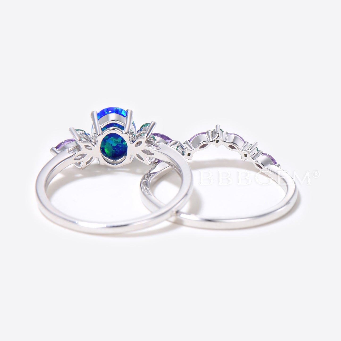 Unique 1.5ct Oval Cut Blue Opal Engagement Ring Set Sterling Silver Emerald Amethyst Wedding Ring Galaxy Blue Fire Opal Bridal Set Promise Gift