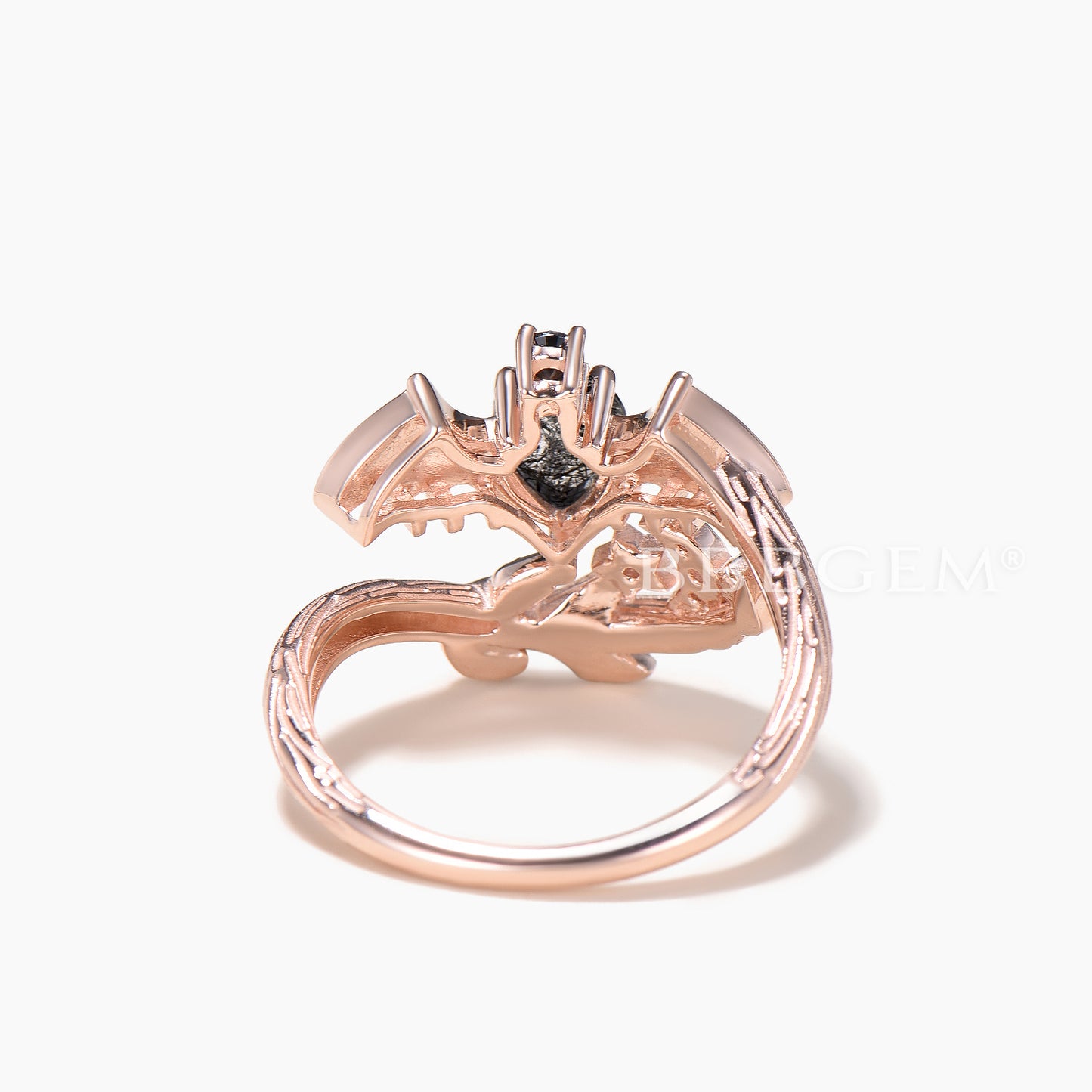 Pear Cut Black Rutilated Quartz Bat Engagement Ring Diamond Leaf Accent Moon Ring