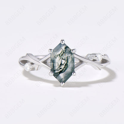 Women Moss Agate Long Hexagon Ring Twig Branch Green Agate Elongated Promise Ring White Gold 925 Silver