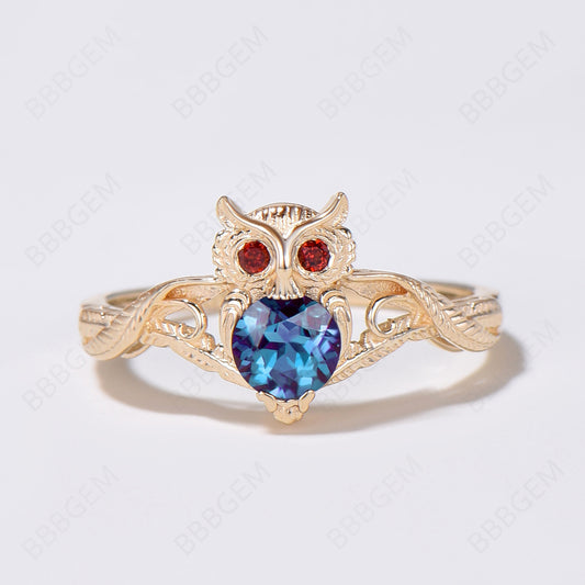 Owl Engagement Ring Twig Vine Round Alexandrite Garnet Ring