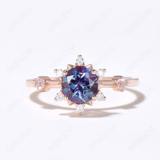 Floral Engagement Ring Rose Gold Round Alexandrite Halo Ring