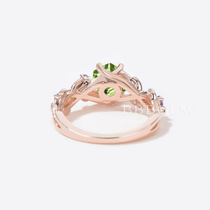 Hexagon Cut Peridot Engagement Ring Twig Leaf Amethyst Ring