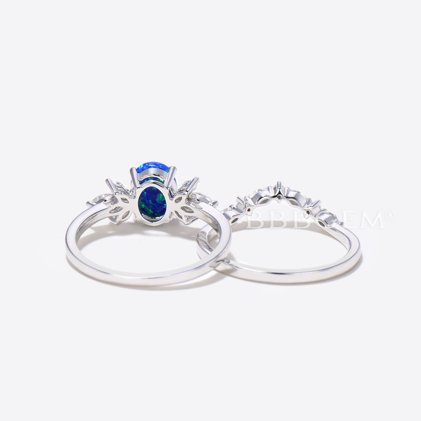 Oval Blue Opal Engagement Ring Set 7 Stone Diamond Bridal Ring Set