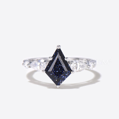 Kite Starry Sky Blue Sandstone Ring 5 Stone Moissanite Bridal Ring Set