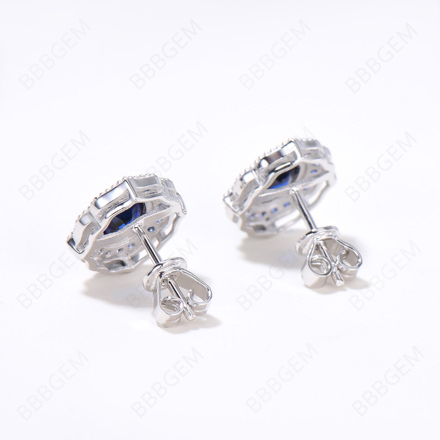 Milgrain Sapphire Studs Earrings Vintage Oval Cut Blue Sapphire Studs 14K White Gold September Birthstone Earrings Blue Gemstone Halo Wedding Earrings