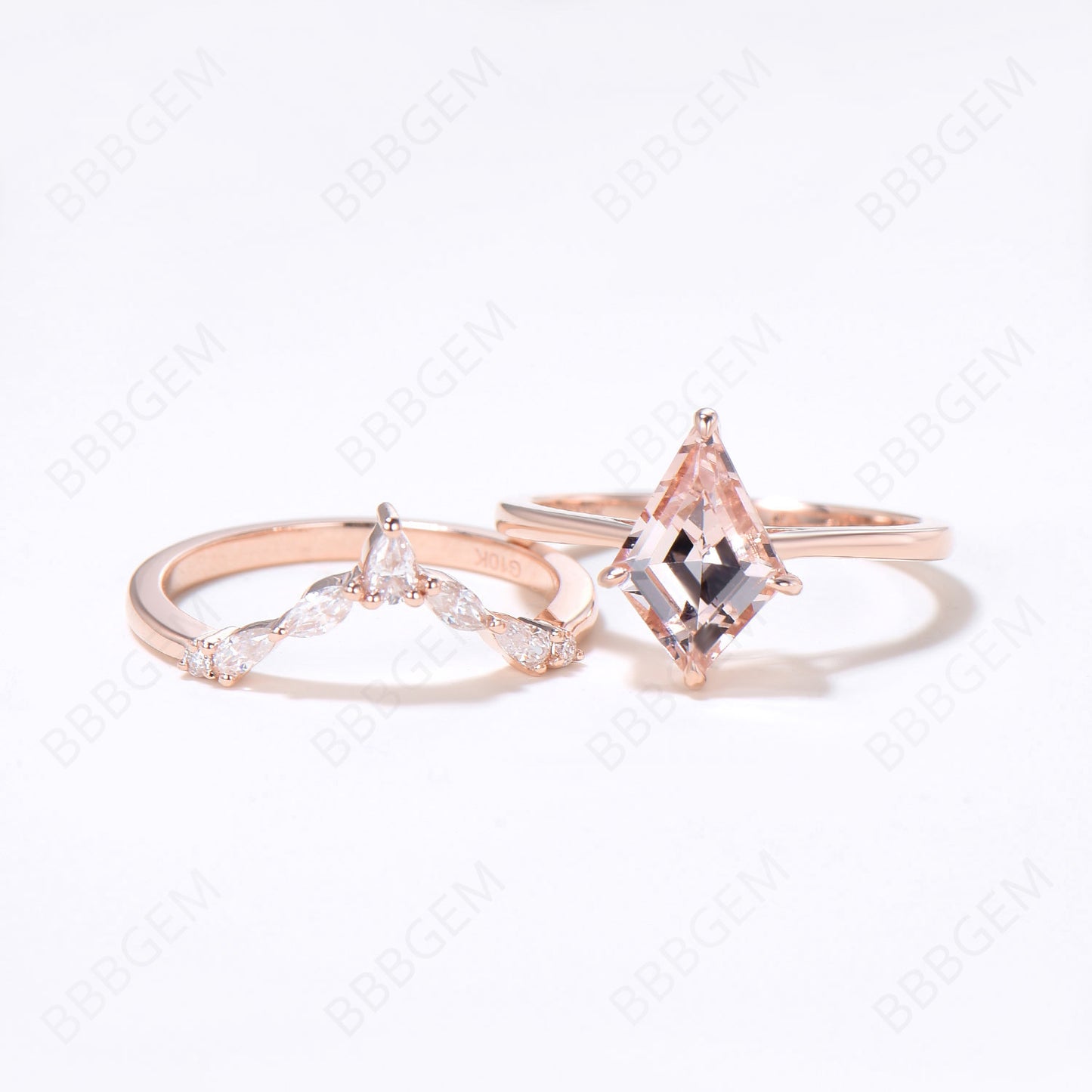 Rose Gold Peach Morganite Engagement Ring Set Unique Kite Cut Natural Peach Morganite Solitaire Bridal Ring Moissanite Curved Wedding Ring