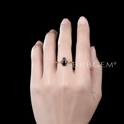 Coffin Shaped Black Onyx Engagement Ring Milgrain Ruby Ring