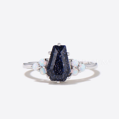 3pcs Coffin Blue Sandstone Engagement Ring Silver Galaxy Nebula Ring