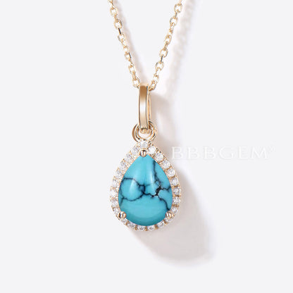 Teardrop Natural Turquoise Necklace 14K Gold Halo Diamond Pendant