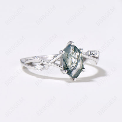 Women Moss Agate Long Hexagon Ring Twig Branch Green Agate Elongated Promise Ring White Gold 925 Silver