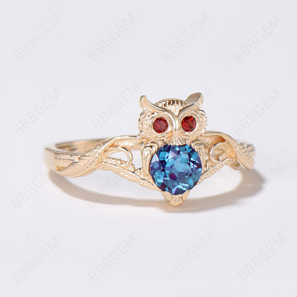 Owl Engagement Ring Twig Vine Round Alexandrite Garnet Ring