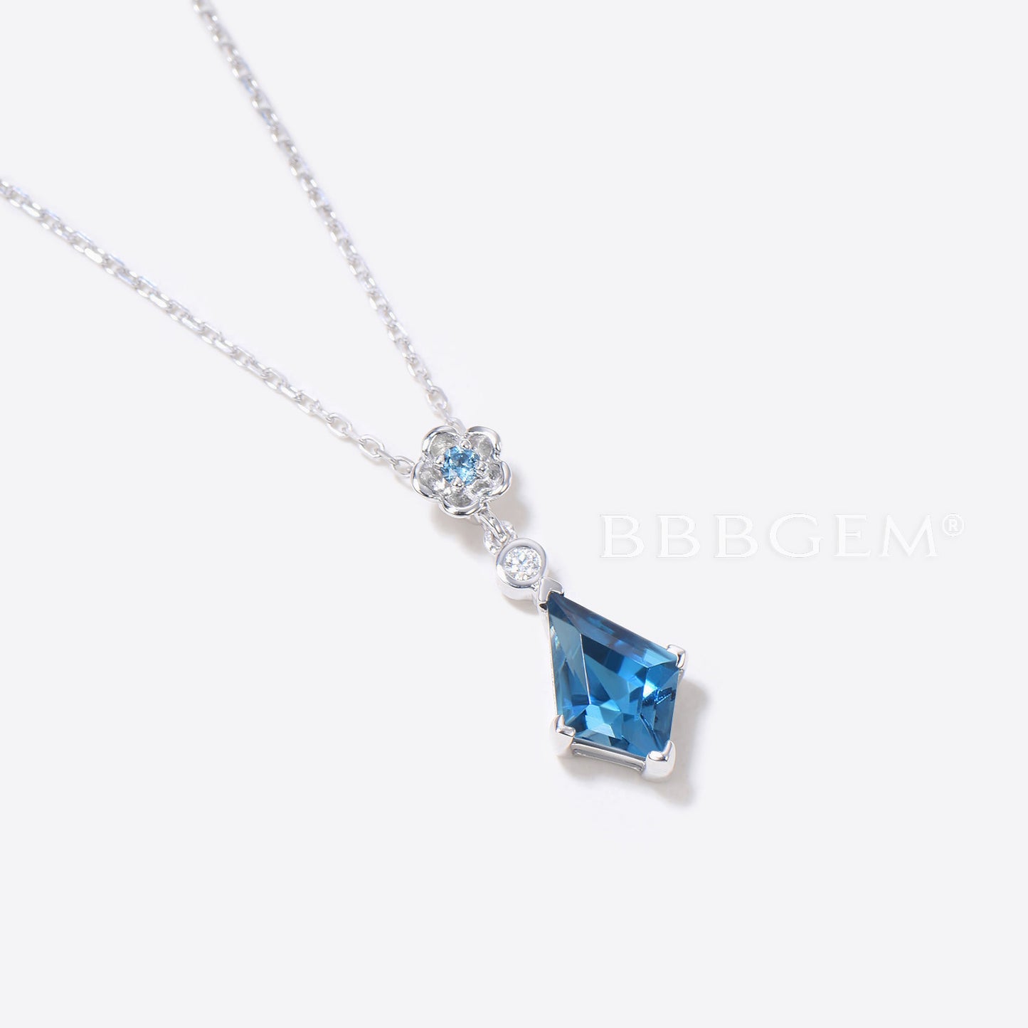 Kite Cut London Blue Topaz Wedding Necklace Silver Floral Pendant