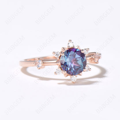 Floral Engagement Ring Rose Gold Round Alexandrite Halo Ring