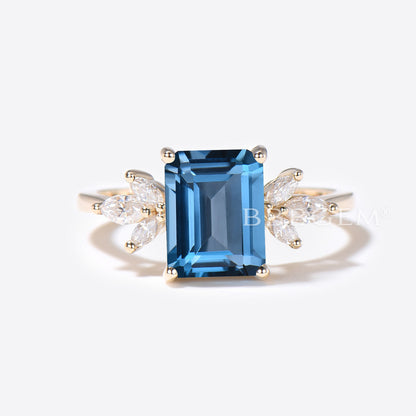 3CT Emerald Cut London Blue Topaz Engagement Ring 14k/18k Yellow Gold Topaz Wedding Ring Marquise Moissanite Ring December Birthstone Ring