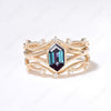 Long Hexagon Cut Alexandrite Engagement Ring Set Split Shank Alexandrite Wedding Ring 14k Solid Gold 3Pcs Diamond Bridal Set Anniversary Gift