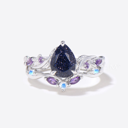 Pear Shaped Blue Sandstone Engagement Ring Branch Leaf Ring