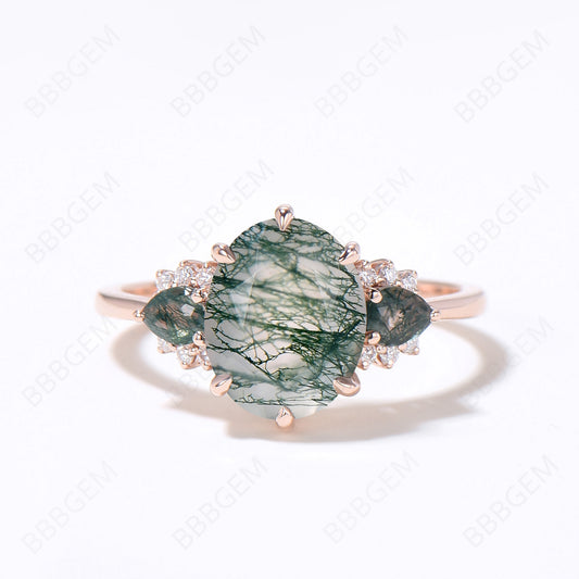 2CT Oval Natural Moss Agate Engagement Ring Vintage Pear Cut Green Agate Wedding Ring 14K Rose Gold Cluster Moissanite Ring