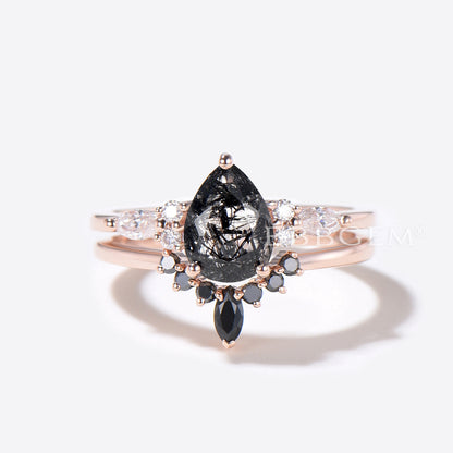 Black Rutilated Quartz Engagement Ring Moissanite Spinel Ring