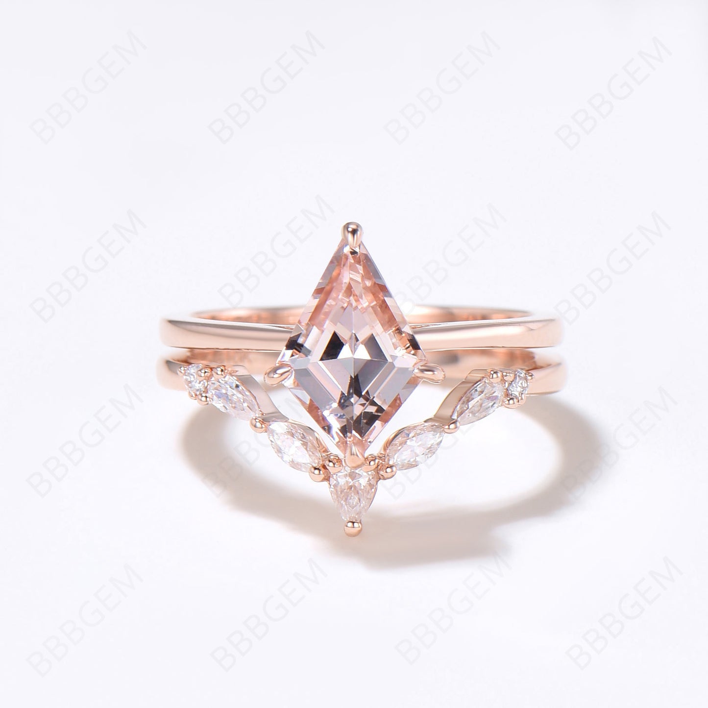 Rose Gold Peach Morganite Engagement Ring Set Unique Kite Cut Natural Peach Morganite Solitaire Bridal Ring Moissanite Curved Wedding Ring