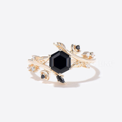 10k Gold Black Onyx Engagement Ring Hexagon Cut Wedding Ring